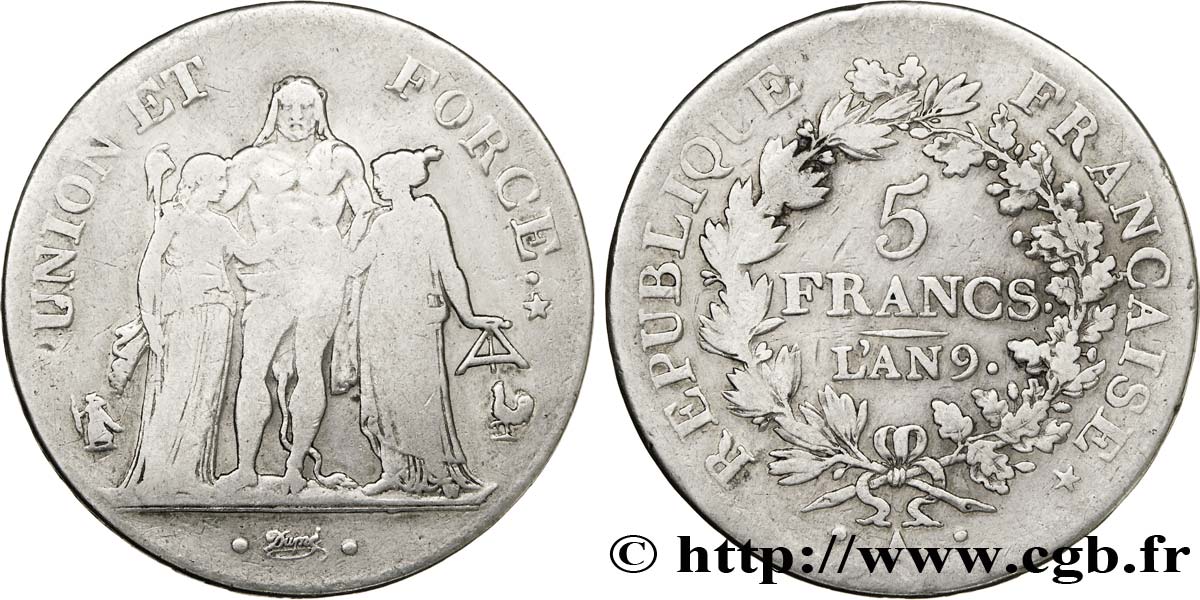 5 francs Union et Force, Union serré, avec glands intérieurs et gland extérieur 1801 Paris F.288/155 MB23 