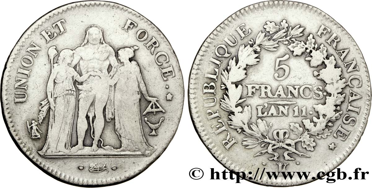 5 francs Union et Force, Union serré, seulement glands intérieurs 1803 Bordeaux F.288/193 VF23 
