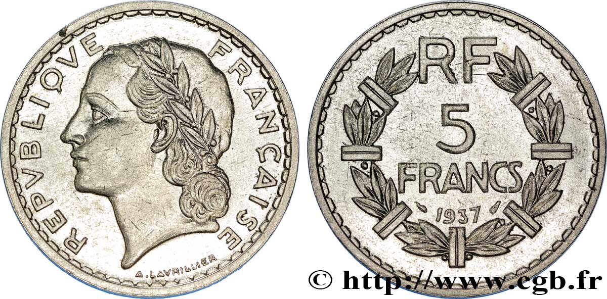5 francs Lavrillier, nickel 1937  F.336/6 AU52 