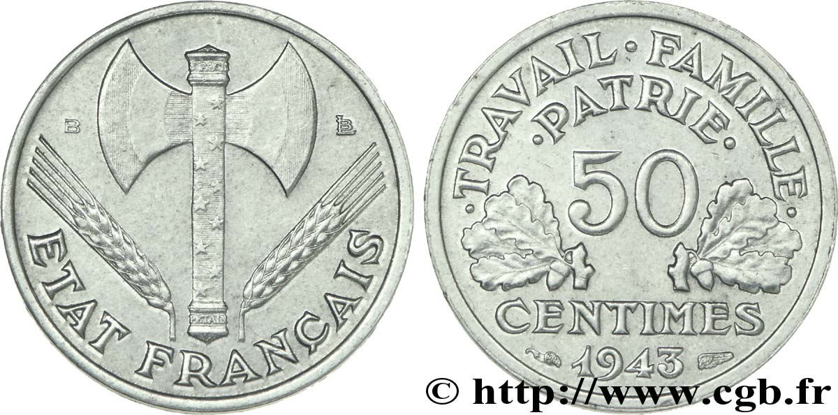 50 centimes Francisque, légère 1943 Beaumont-Le-Roger F.196/3 SUP60 