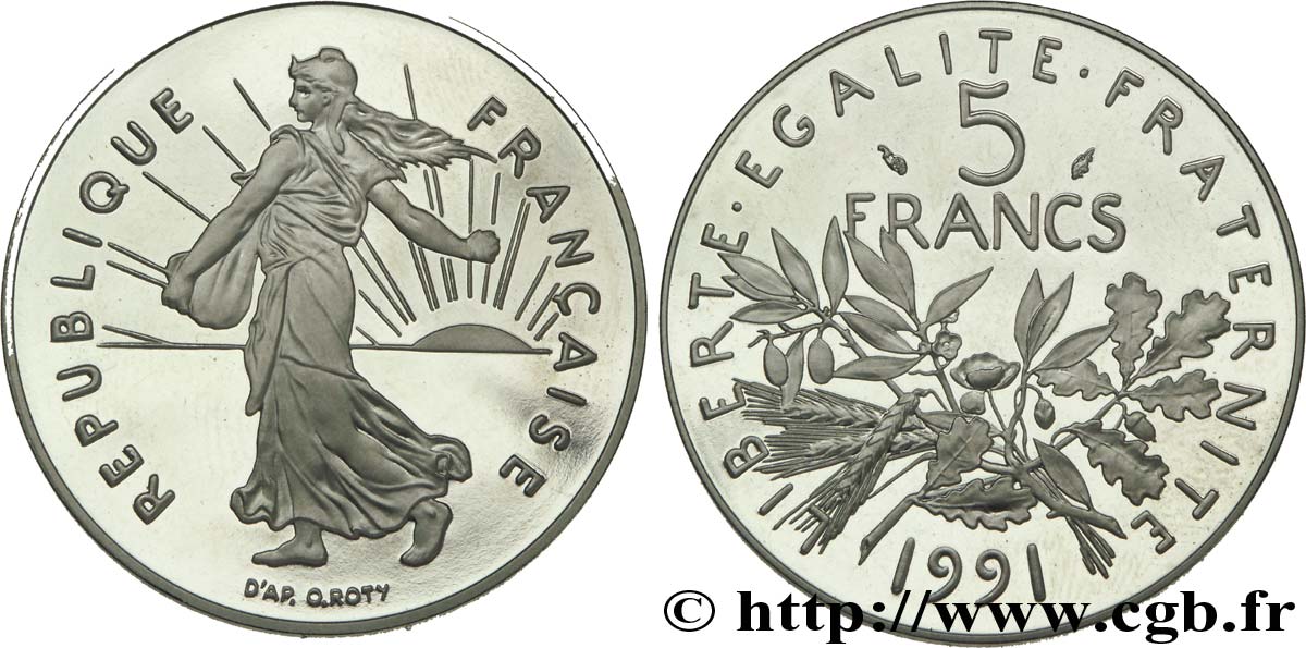 5 francs Semeuse, nickel, BE (Belle Épreuve) 1991 Pessac F.341/23 var. MS67 
