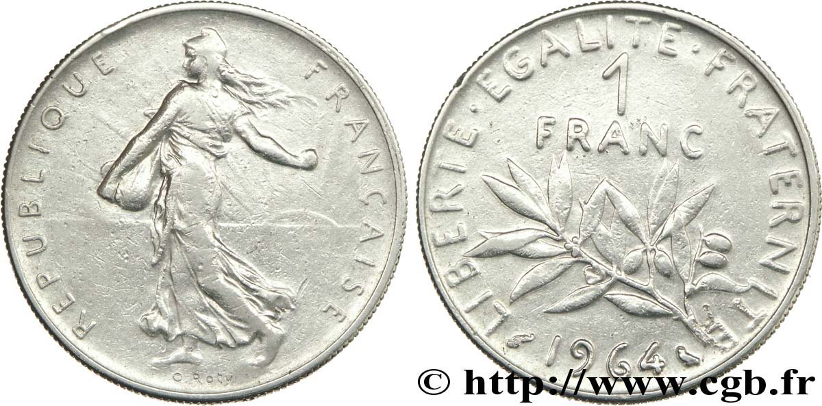 1 franc Semeuse, nickel, désaxé à 8h 1964 Paris F.226/8 var. TTB40 