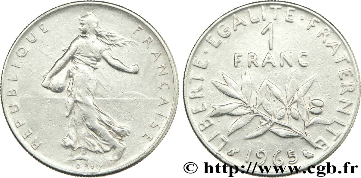 1 franc Semeuse, nickel, grande chouette, désaxé à 3h 1965 Paris F.226/9 var. TTB45 