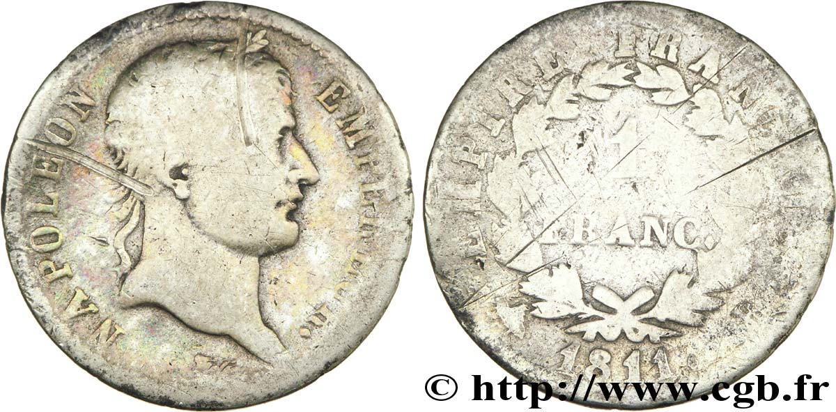1 franc Napoléon Ier tête laurée, Empire français 1811 Rouen F.205/29 B8 