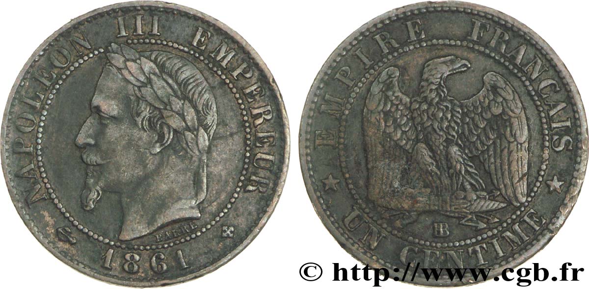 Un centime Napoléon III, tête laurée 1861 Strasbourg F.103/2 BC35 