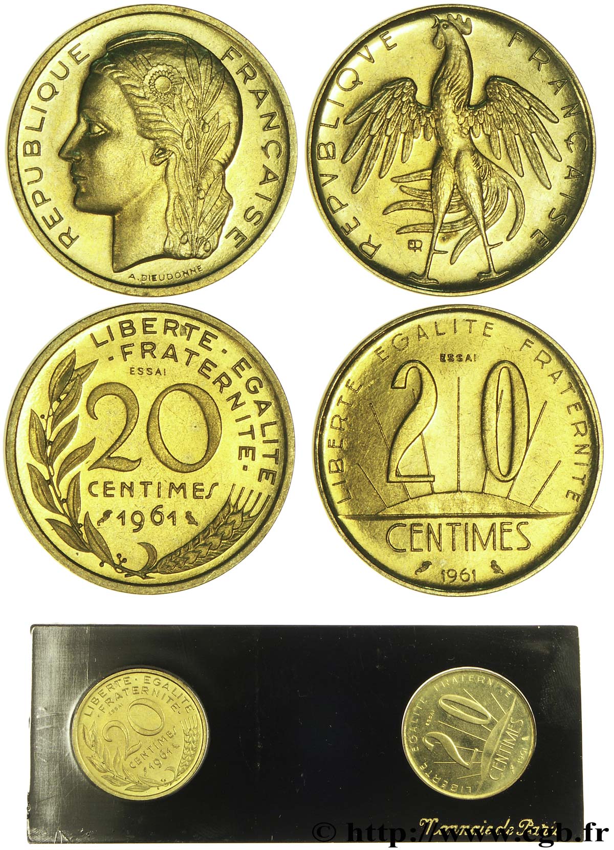 Boîte de 2 essais de 20 centimes 1961, Rousseau et Dieudonné 1961 Paris G.328  MS65 