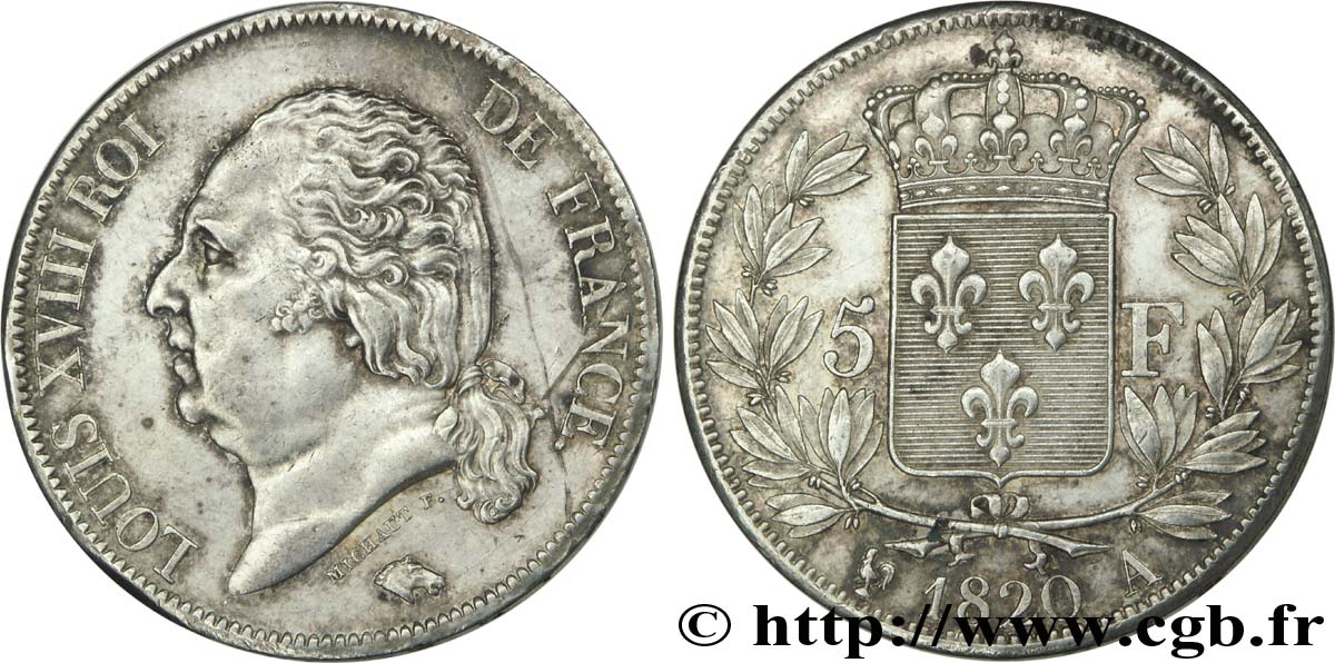 5 francs Louis XVIII, tête nue 1820 Paris F.309/49 AU52 