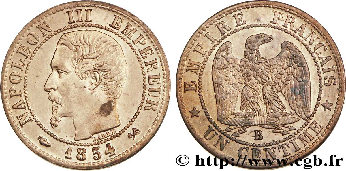 Un centime Napoléon III, tête nue 1854 Rouen F.102/10 EBC60 