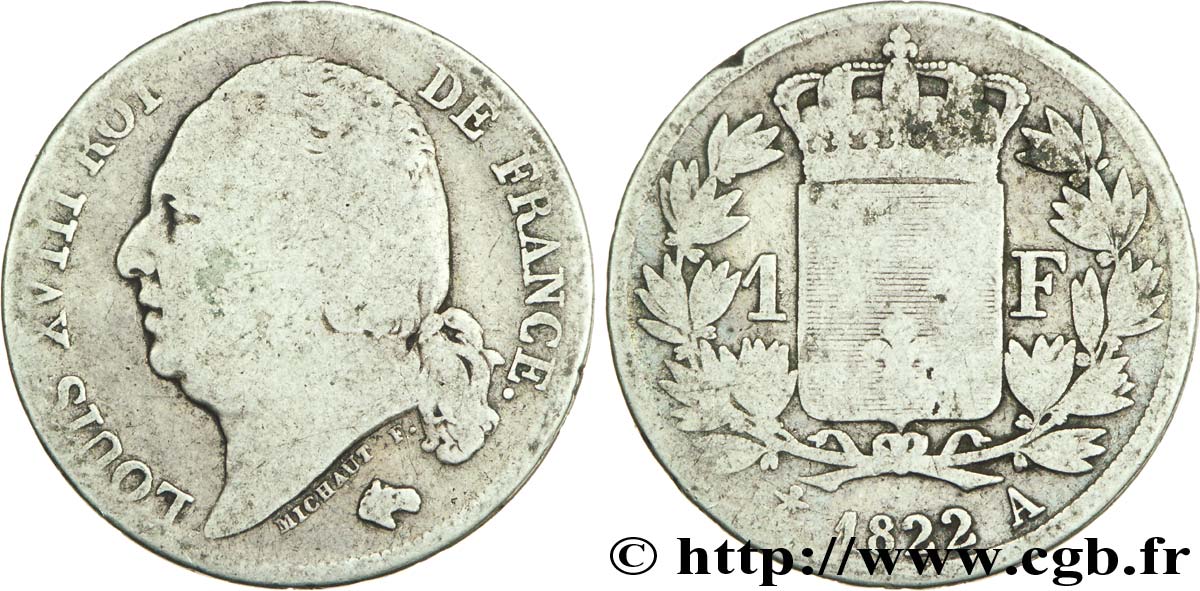 1 franc Louis XVIII 1822 Paris F.206/40 B10 