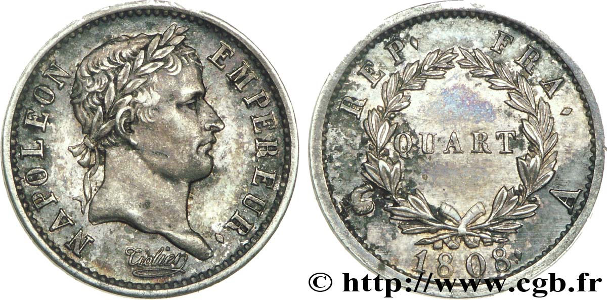 Quart (de franc) Napoléon Ier tête laurée, République française 1808 Paris F.161/2 SPL56 