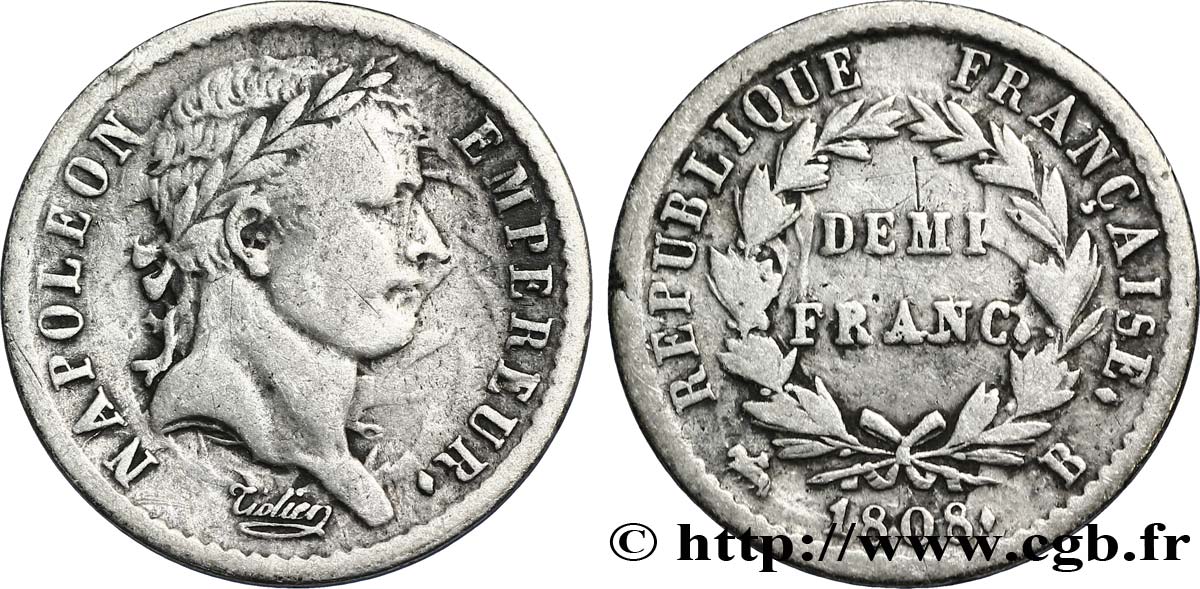Demi-franc Napoléon Ier tête laurée, République française 1808 Rouen F.177/3 TB35 