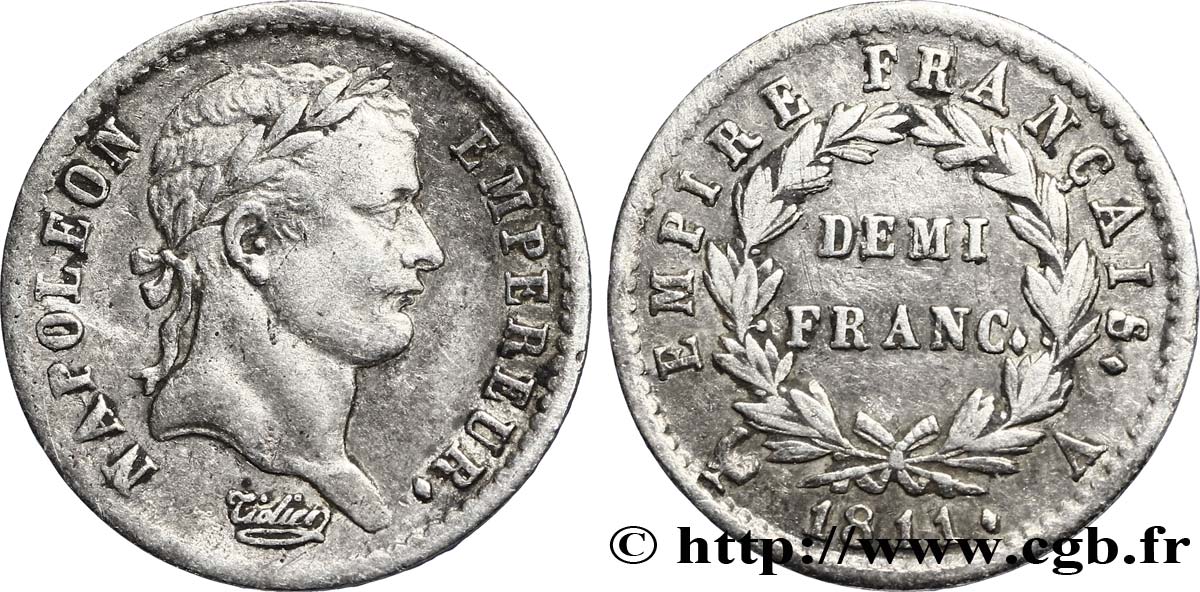 Demi-franc Napoléon Ier tête laurée, Empire français 1811 Paris F.178/21 TTB50 