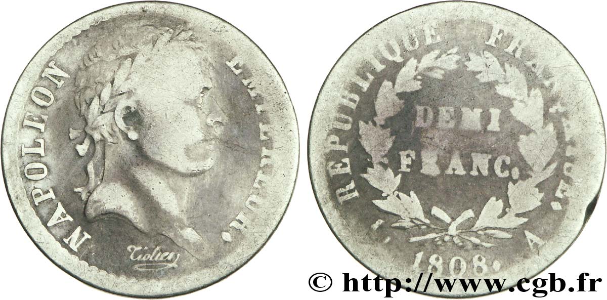 Demi-franc Napoléon Ier tête laurée, République française 1808 Paris F./ B8 