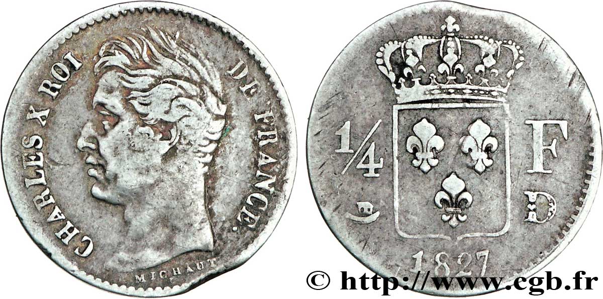 1/4 franc Charles X 1827 Lyon F.164/13 TB25 