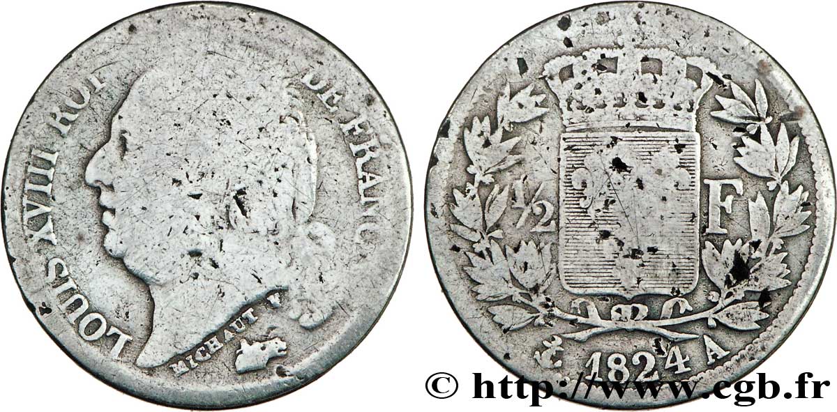 1/2 franc Louis XVIII 1824 Paris F.179/43 B8 