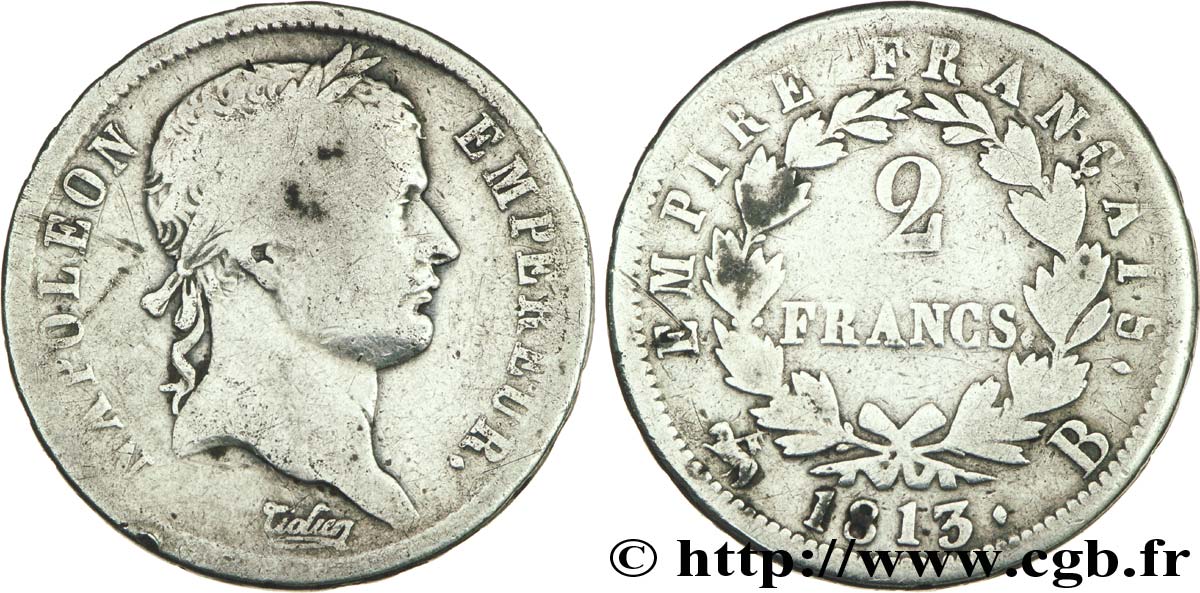 2 francs Napoléon Ier tête laurée, Empire français 1813 Rouen F.255/53 SGE12 