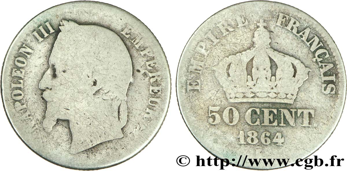 50 centimes Napoléon III, tête laurée 1864 Bordeaux F.188/4 SGE6 