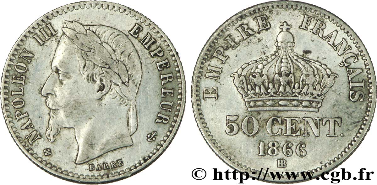 50 centimes Napoléon III, tête laurée 1866 Strasbourg F.188/10 TTB50 