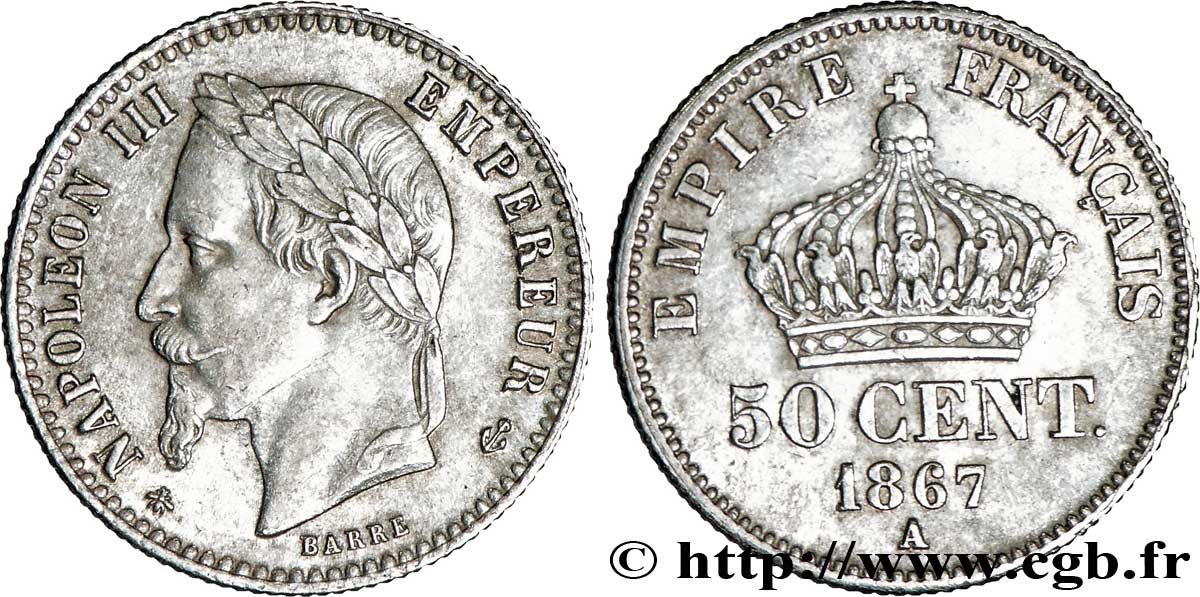 50 centimes Napoléon III, tête laurée 1867 Paris F.188/13 EBC58 