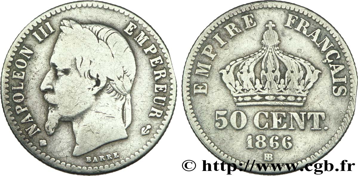50 centimes Napoléon III, tête laurée 1866 Strasbourg F.188/10 B6 
