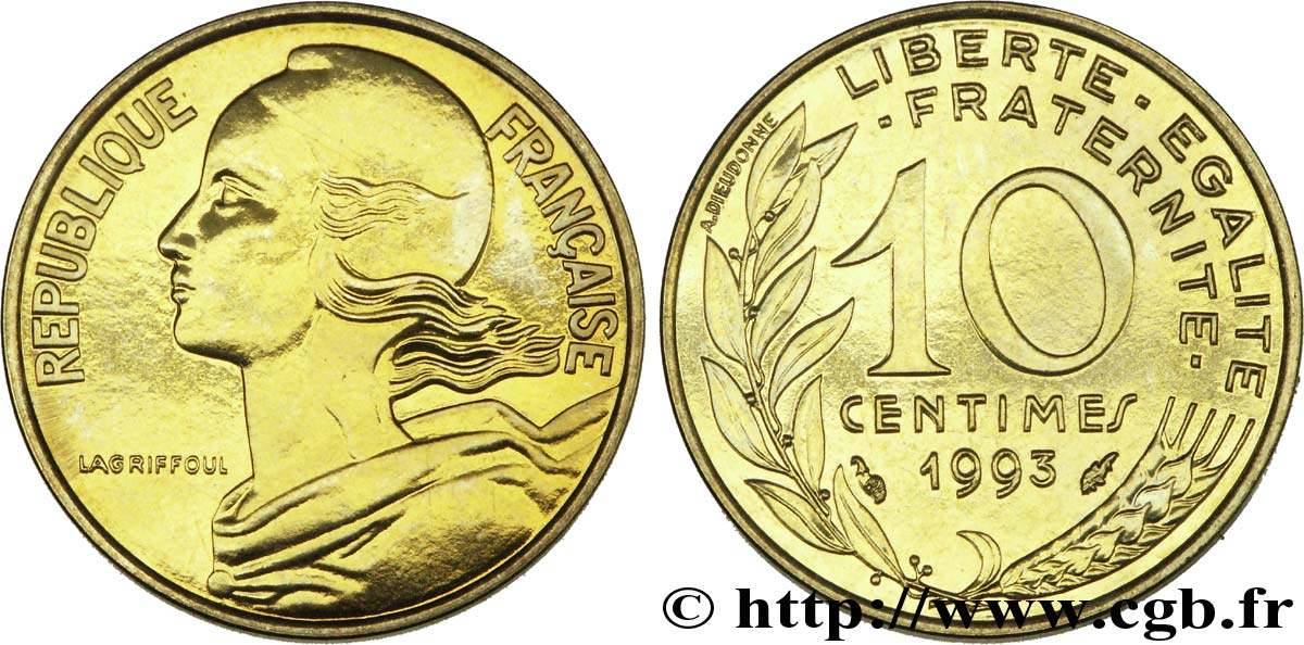 10 centimes Marianne, BU (Brillant Universel), frappe médaille 1993 Pessac F.144/36 MS68 