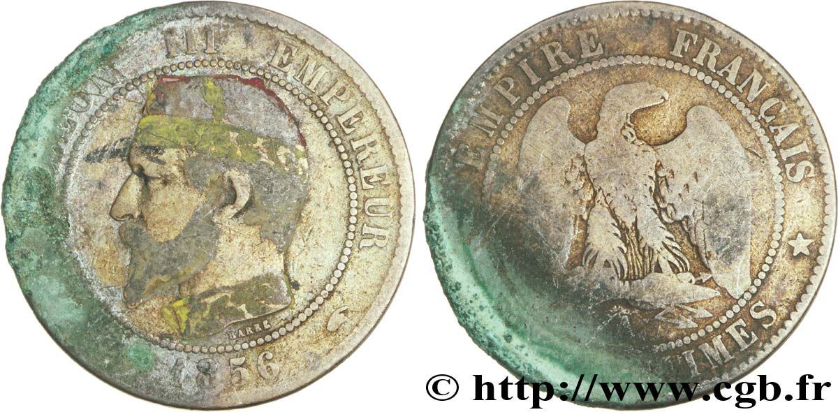 Dix centimes Napoléon III, tête nue, satirique 1856 Paris F.133/34 SGE10 