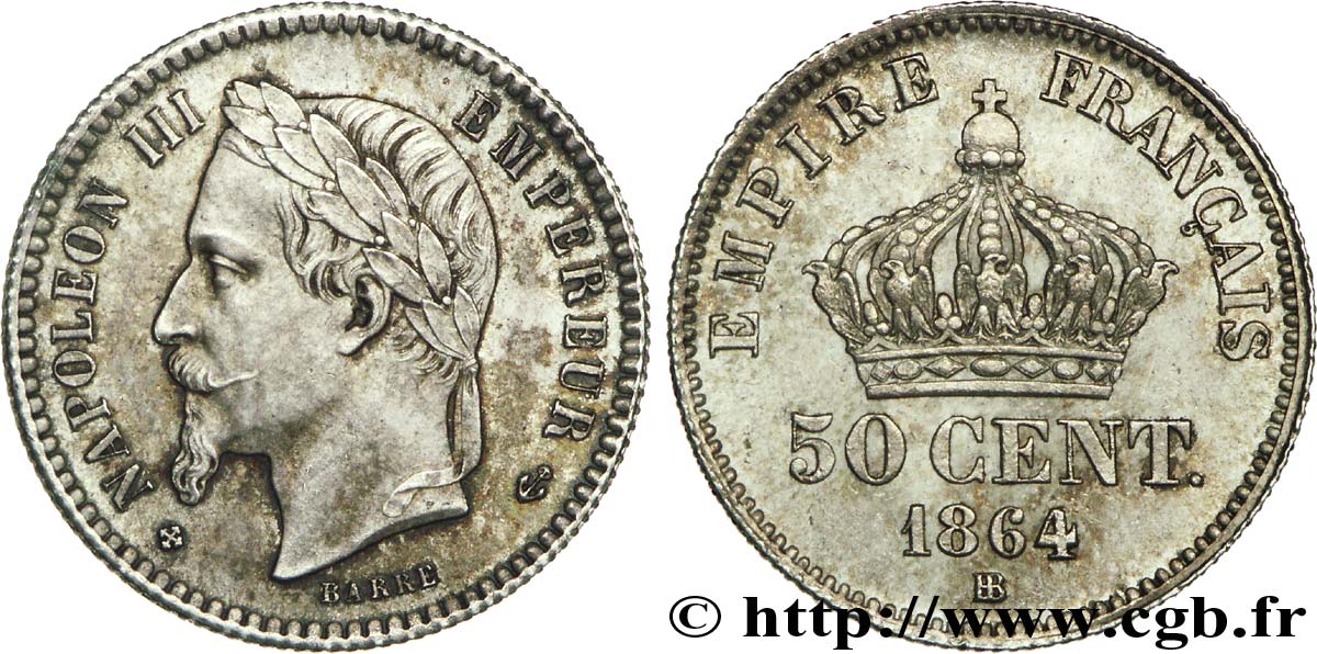 50 centimes Napoléon III, tête laurée 1864 Strasbourg F.188/3 EBC58 