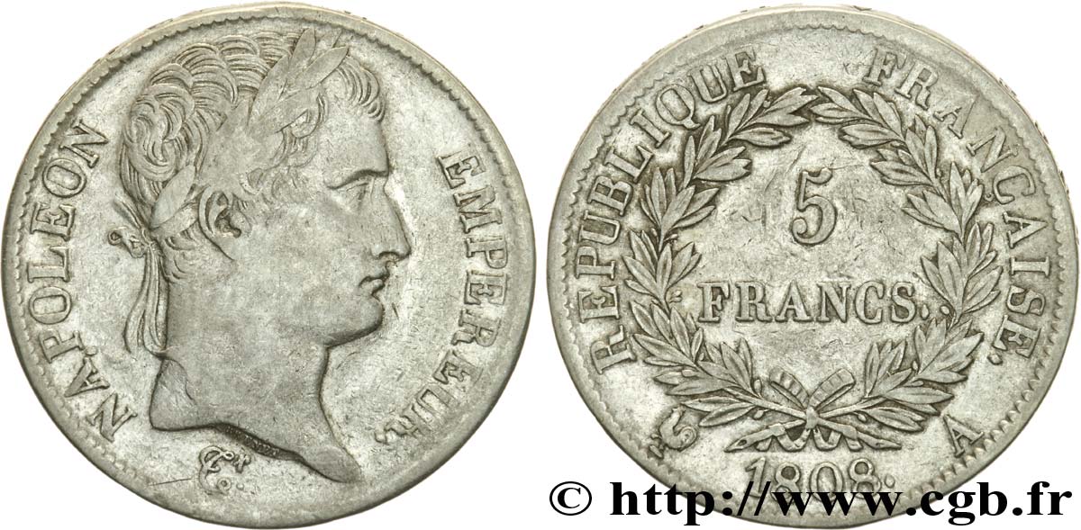 5 francs Napoléon Ier tête laurée, République française 1808 Paris F.306/2 BB45 