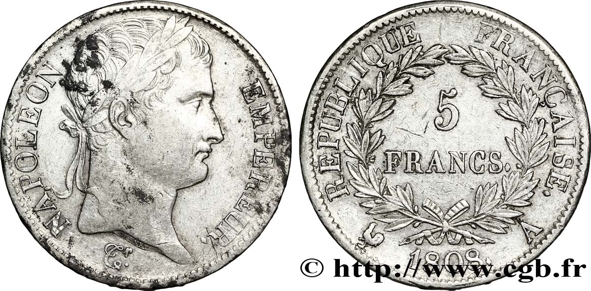 5 francs Napoléon Empereur, République française 1808 Paris F.306/2 XF48 
