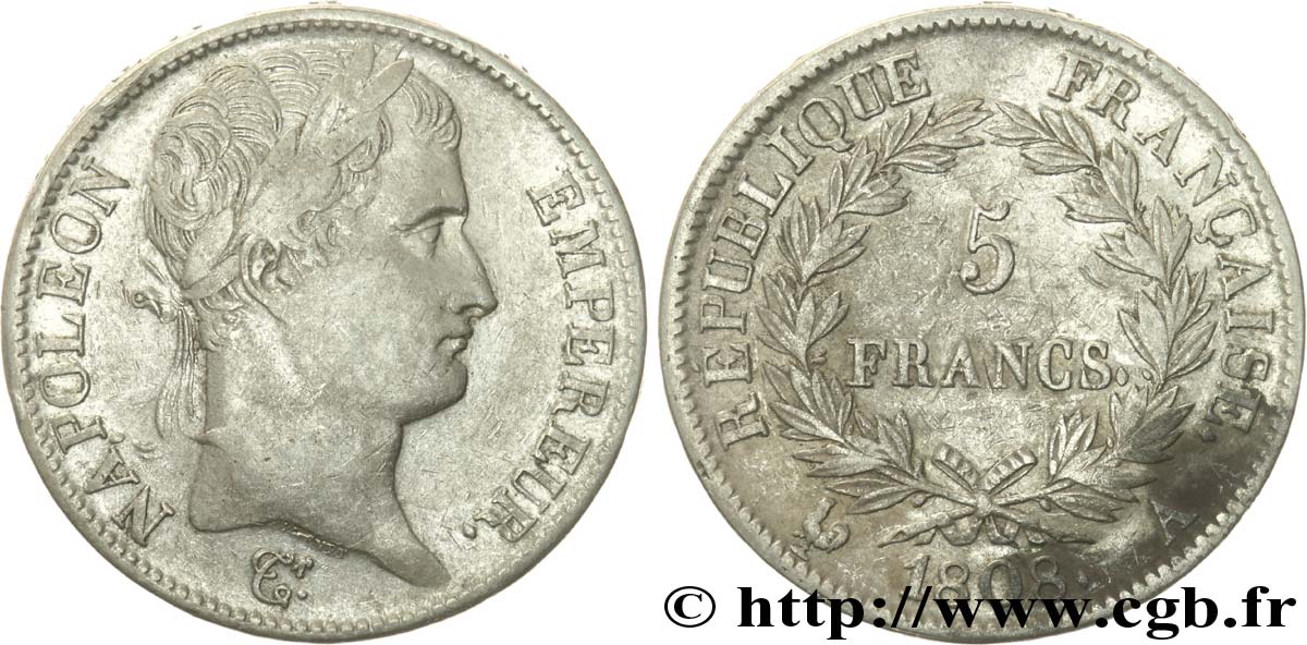 5 francs Napoléon Ier tête laurée, République française 1808 Paris F.306/2 TB35 