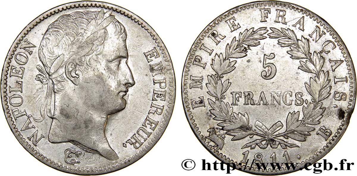 5 francs Napoléon Empereur, Empire français 1811 Rouen F.307/28 TTB50 