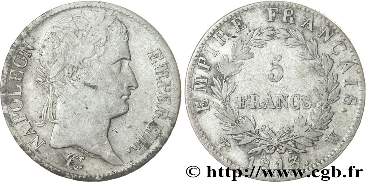 5 francs Napoléon Empereur, Empire français 1813 Lille F.307/75 VF32 