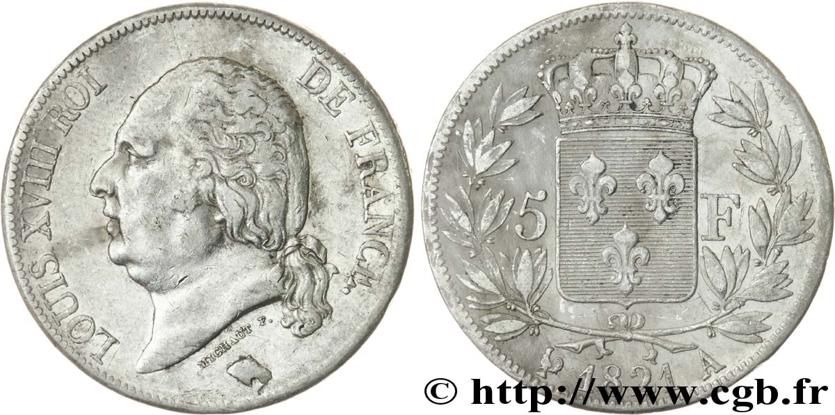 5 Francs Louis XVIII, tête nue 1821 Paris F.309/60 TTB45 