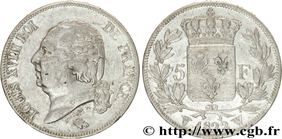 5 francs Louis XVIII, tête nue 1822 Lille F.309/75 BB45 