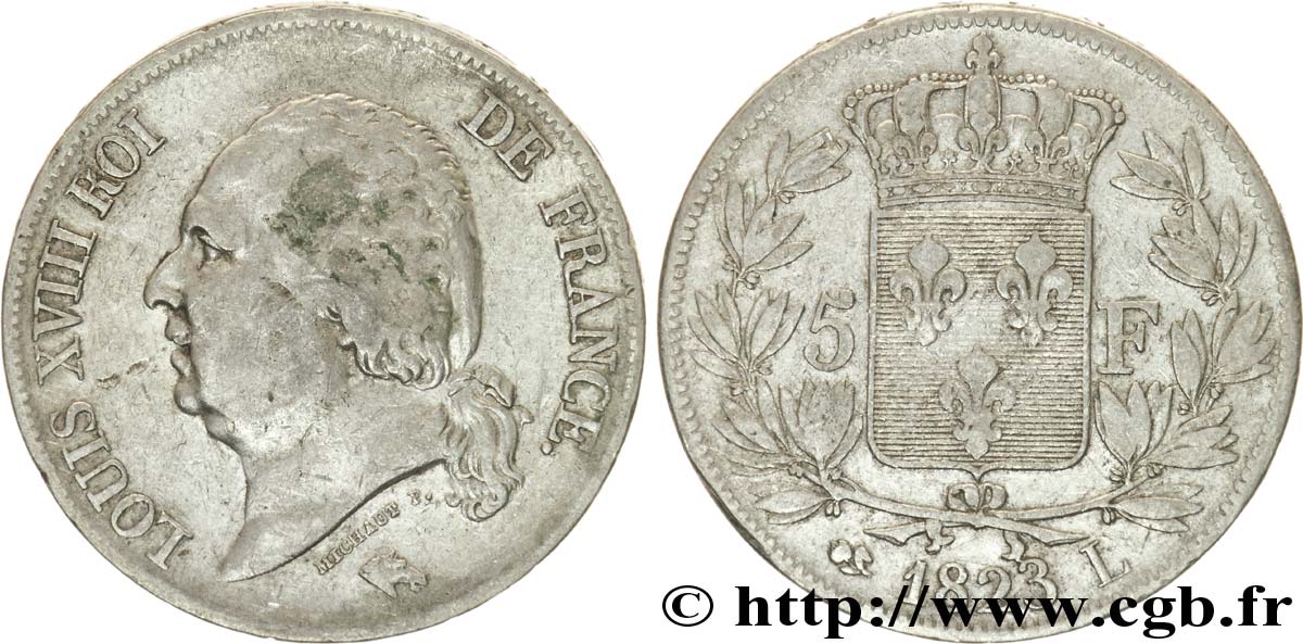 5 francs Louis XVIII, tête nue 1823 Bayonne F.309/83 TB30 