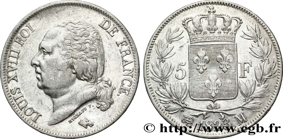 5 francs Louis XVIII, tête nue 1823 Toulouse F.309/84 SS46 