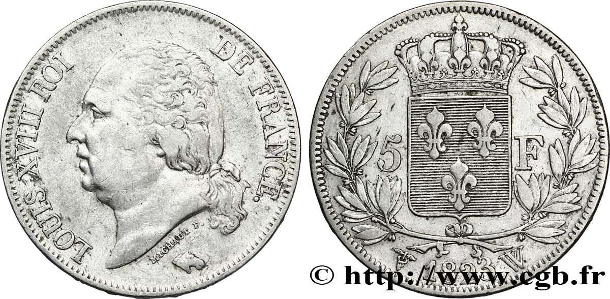 5 francs Louis XVIII, tête nue 1823 Lille F.309/87 TTB45 