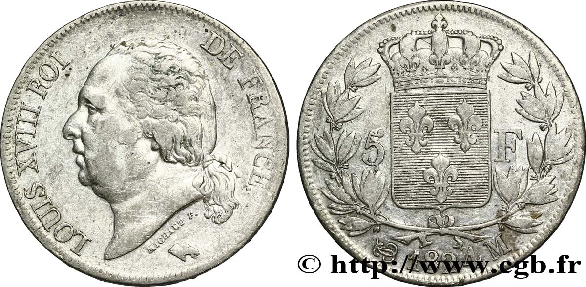 5 francs Louis XVIII, tête nue 1824 Toulouse F.309/95 TTB45 