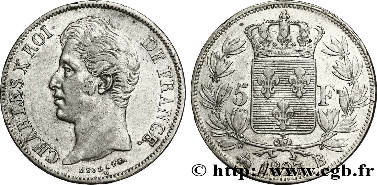 5 francs Charles X, 2e type 1827 Rouen F.311/2 AU50 