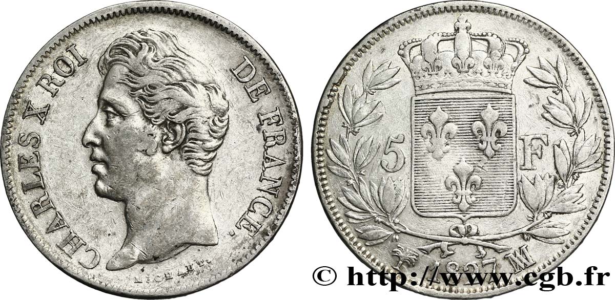 5 francs Charles X, 2e type 1827 Marseille F.311/10 XF45 
