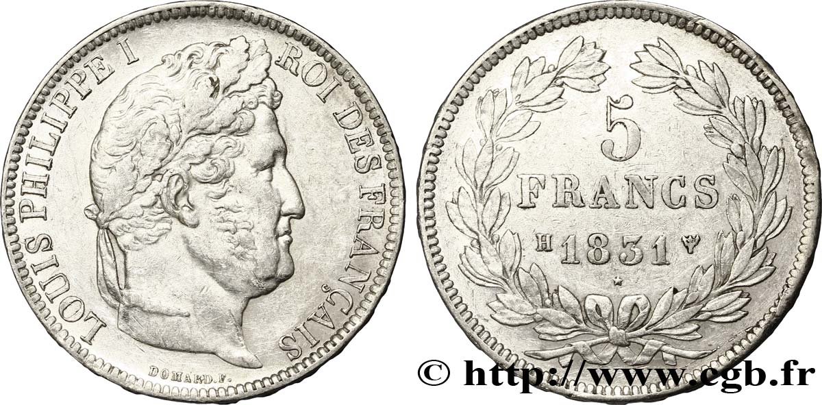5 francs Ier type Domard, tranche en relief 1831 La Rochelle F.320/5 AU51 