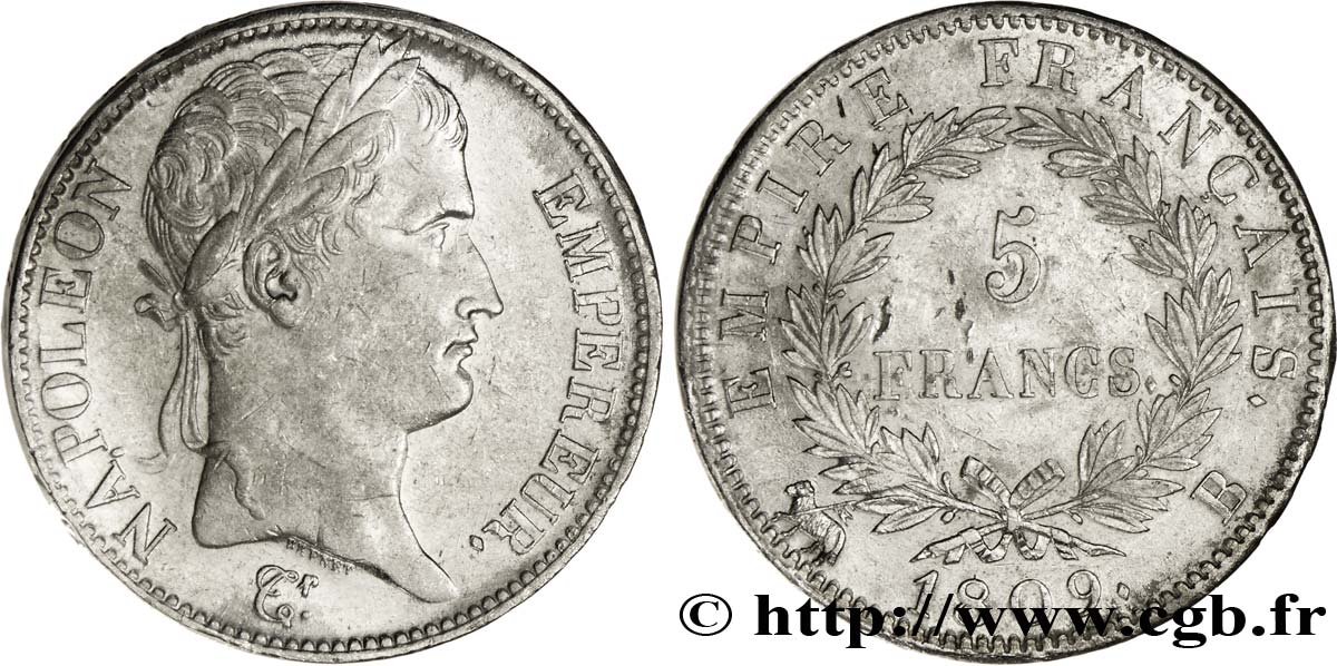 5 francs Napoléon Empereur, Empire français 1809 Rouen F.307/2 TTB48 