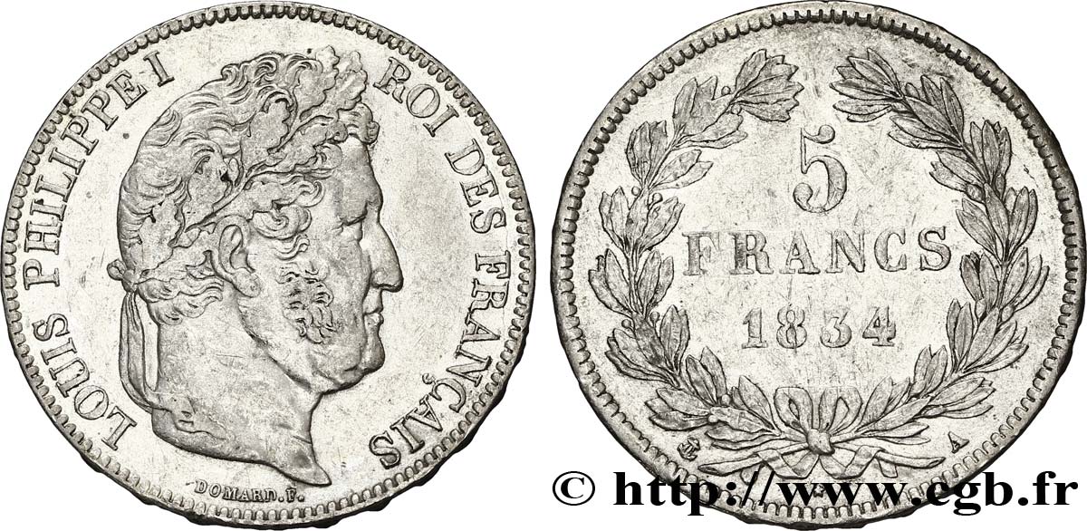 5 francs IIe type Domard 1834 Paris F.324/29 AU50 