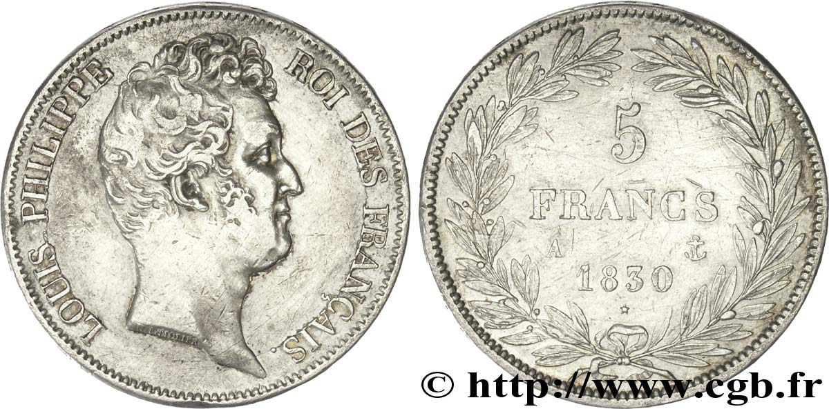 5 francs type Tiolier sans le I, tranche en creux 1830 Paris F.313/1 SS40 