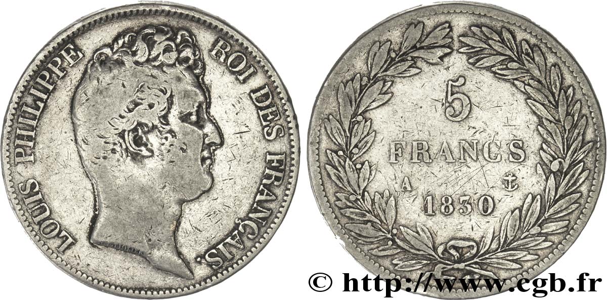 5 francs type Tiolier sans le I, tranche en relief 1830 Paris F.314/1 TB20 