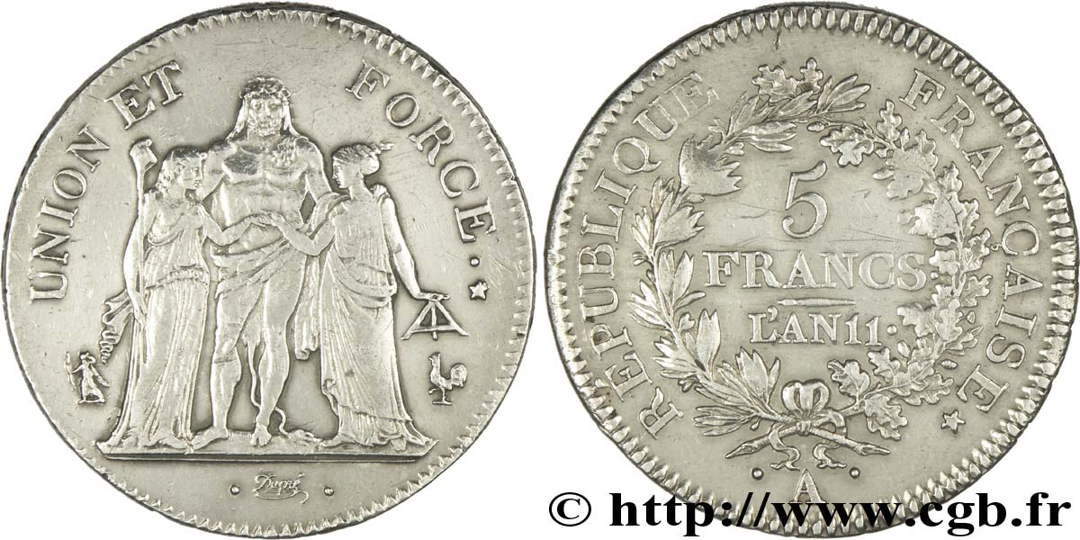 5 francs Union et Force, Union serré, seulement glands intérieurs 1803 Paris F.288/187 AU50 