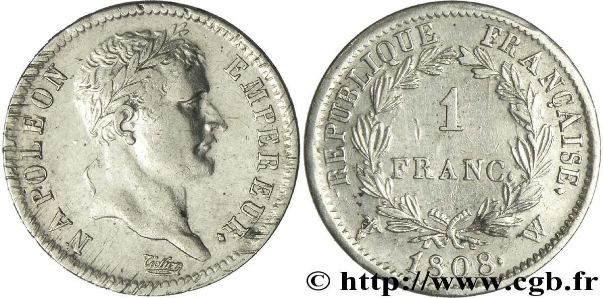 1 franc Napoléon Ier tête laurée, République française 1808 Lille F.204/15 XF45 