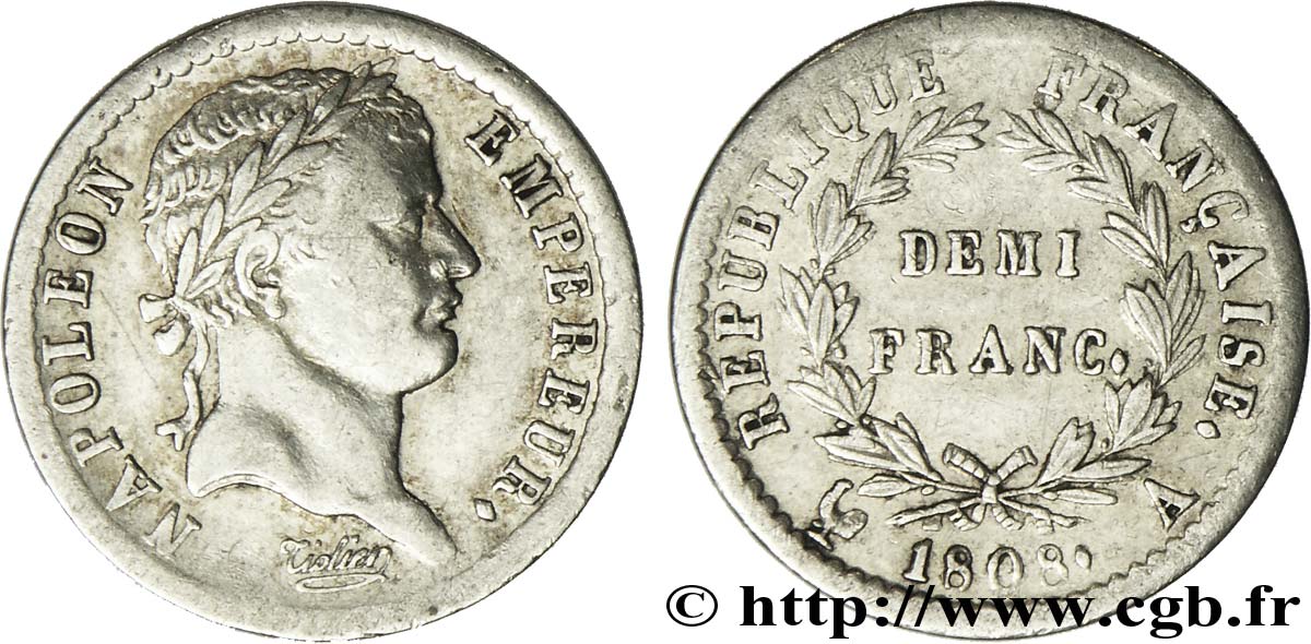 Demi-franc Napoléon Ier tête laurée, République française 1808 Paris F.177/2 TTB49 