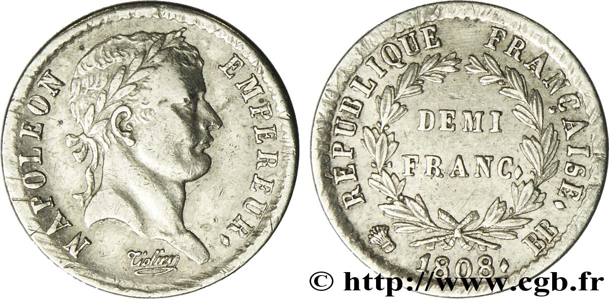 Demi-franc Napoléon Ier tête laurée, République française, buste fin 1808 Strasbourg F.177/4 TTB50 