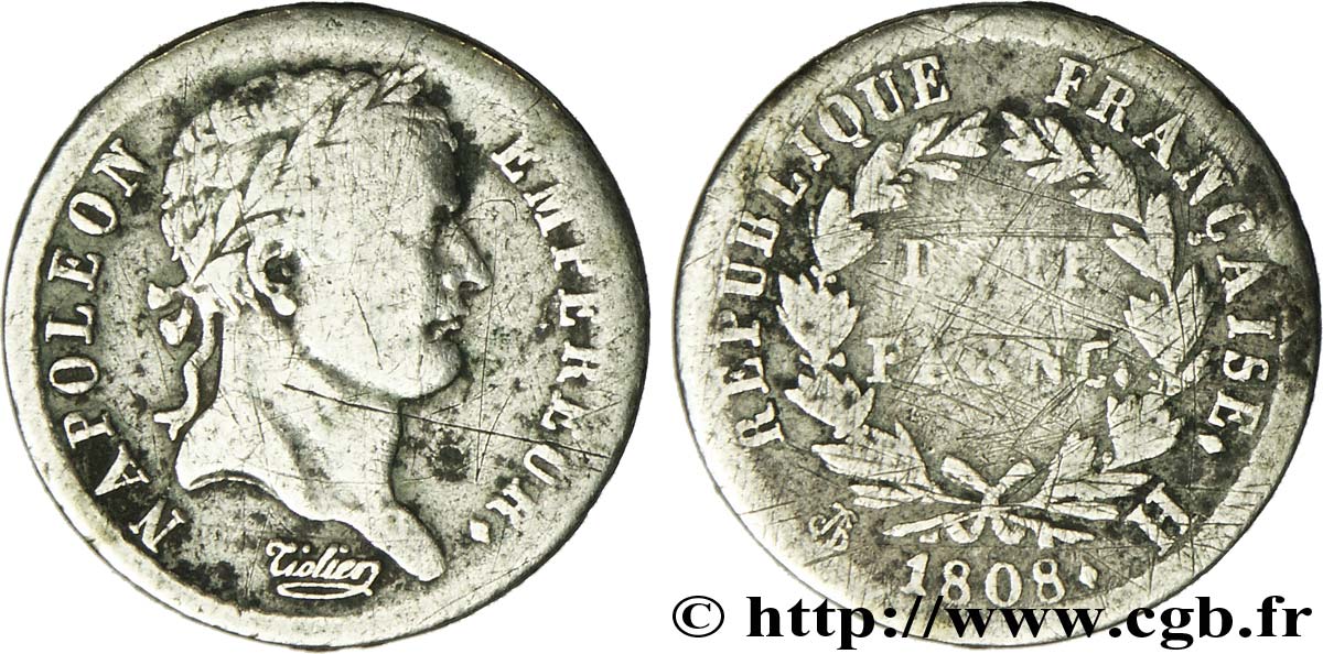 Demi-franc Napoléon Ier tête laurée, République française, buste fin 1808 La Rochelle F./ VF30 